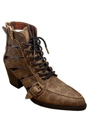 Coach Paisley Signature Cutout Lace-Up Ankle Boots Studded Western 10B